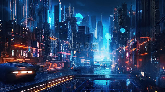 艺术框背景图片_概念 3D 艺术未来派赛博朋克城市夜间与科幻风格