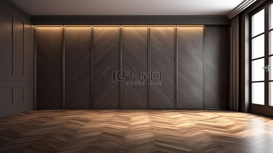 优雅背景图片_优雅的空间，木质图案的墙壁，时尚的灰色衣柜和丰富的棕色地板，引人注目的 3D 渲染