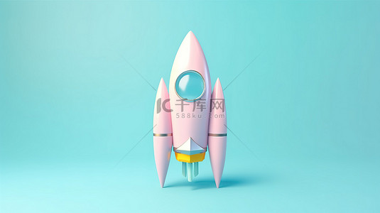 明亮的蓝色背景上的柔和彩色卡通火箭简约的 3D 渲染