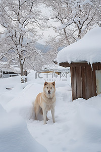 狗站在小房子旁边的雪中