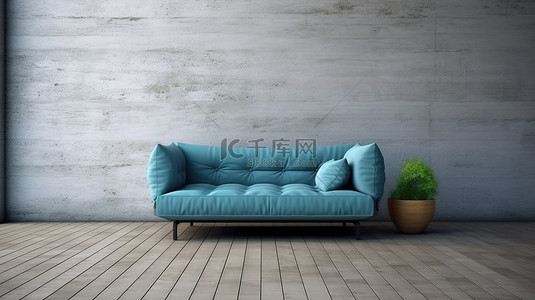 甲板背景图片_花园绿洲中光滑的蓝色沙发，在甲板地板上靠历史墙的 3D 渲染