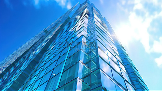 商业背景图片_高层建筑惊叹摩天大楼令人惊叹的 3D 视角，采用蓝色渐变设计直达天空