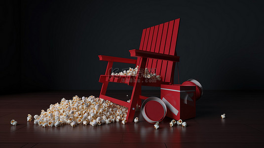 带爆米花隔板 3d 眼镜和卷轴的红色电影椅的 3d 渲染