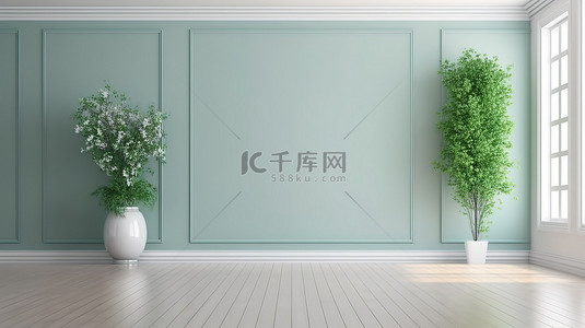 干背景图片_当代经典的绿色墙板装饰着一间空房间，配有金属花瓶干植物和 3D 渲染的白色木地板