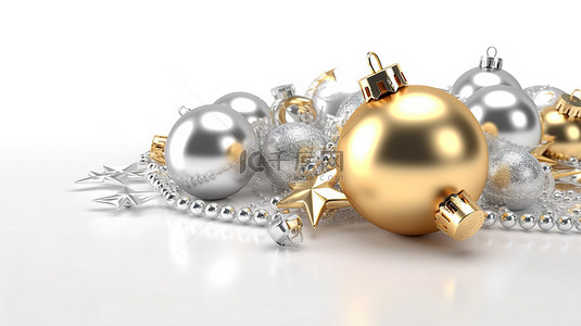 喜庆的金色和银色球装饰，白色背景上有一颗闪闪发光的金星，圣诞节和新年的 3D 插图