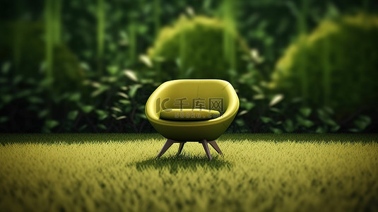 放置在郁郁葱葱的绿草上的椅子的 3d 渲染