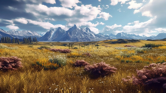 3D 渲染中令人着迷的山地景观岩石草甸和薄雾山峰
