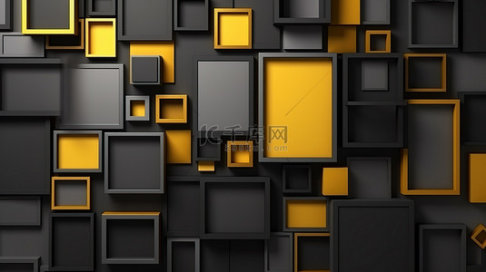 空拼贴展示中的各种相框，具有引人注目的黄色框架时尚的 3D 视觉效果