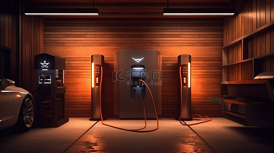 发电站背景图片_电动汽车在车库发电站充电的 3D 插图