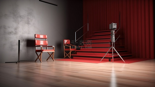 一个 3D 木制摄影工作室，配有红地毯特大号椅子和配备照明设备的屏障