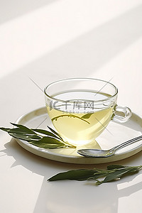 绿茶茶叶背景图片_一杯和一勺绿茶，放在碗里，加一些叶子