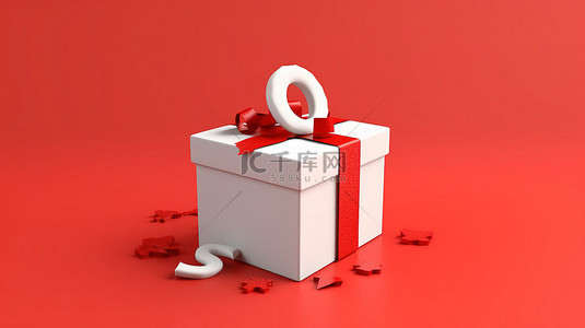 红色背景的 3D 插图，白色礼品盒系着红丝带，其中有百分比符号