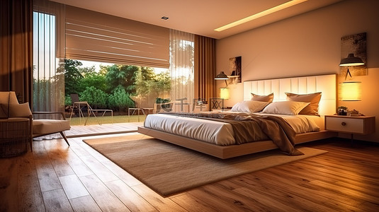 家居背景图片_镶木地板设计卧室的 3D 渲染，自然光照亮空间