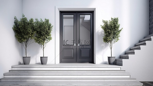 走廊和地板背景图片_3d 渲染的家庭入口中产品灰色门和白色墙壁的模型背景