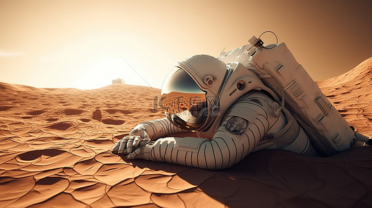 宇航员拿着太阳并在 3D 艺术背景中滚动的数字插图