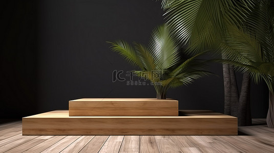 木制 3D 平台讲台上的棕榈树产品演示