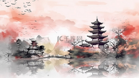 日本水彩水墨画风格东方抽象风景的 3D 插图
