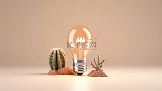 以玻璃灯泡和仙人掌为特色的最小概念的 3D 插图