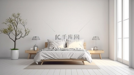 家居背景背景图片_北欧风格卧室的 3D 渲染，配有床边桌白色墙壁和木地板