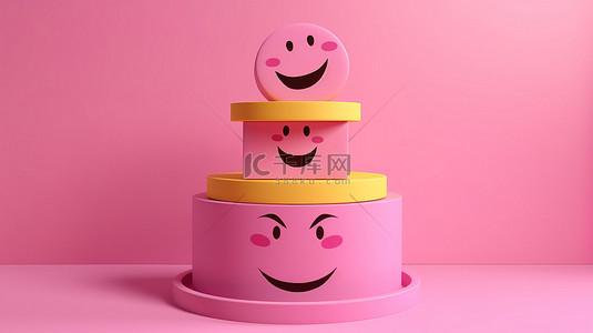 彩色卡通讲台，带有微笑表情符号和几何设计，非常适合在俏皮的粉红色底座上展示儿童产品