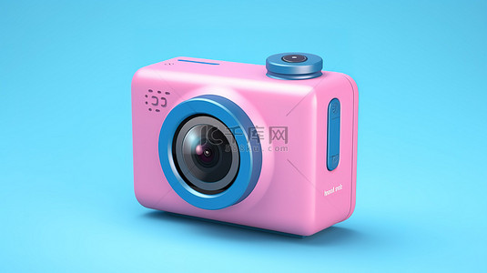 3D渲染粉色背景增强小型超高清蓝色动作相机的双色调风格