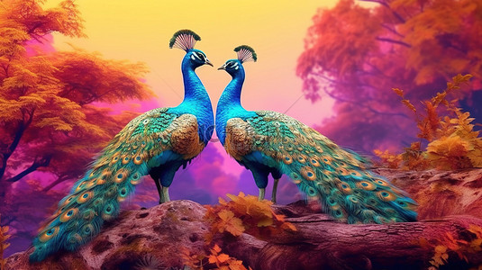 风景背景图片_充满活力的孔雀栖息在树枝上，映衬着通过 3D 数字艺术创造的美丽风景