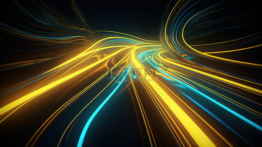 科技抽象线条背景背景图片_发光的黄色和蓝色线条的软焦点 3D 插图
