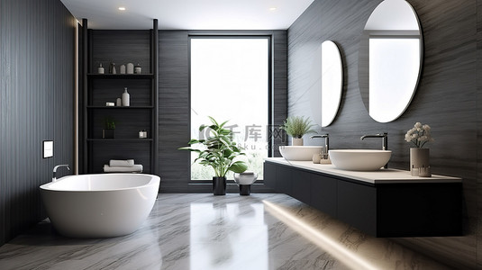 马桶浴室背景图片_时尚而精致的 3D 渲染豪华浴室，配有时尚的马桶柜和盥洗盆