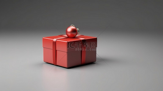 有礼红色背景图片_3D 渲染上装饰有红色圣诞装饰的简单礼物盒