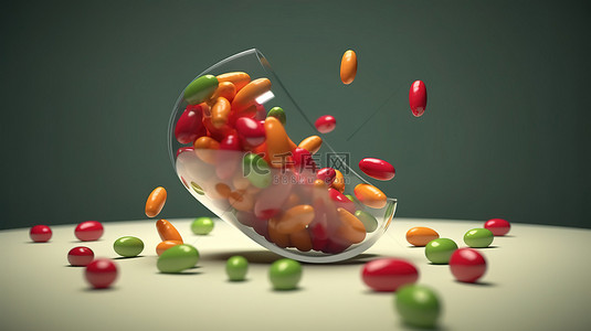 新鲜蔬菜背景图片_药丸释放出一阵新鲜蔬菜 3D 渲染