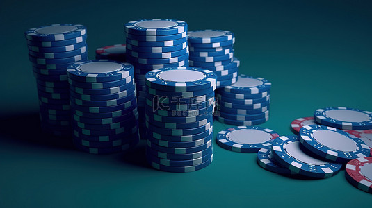 蓝色背景中 3d 的赌场筹码和扑克牌