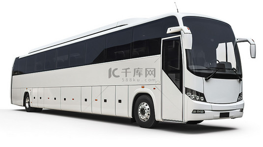 白色旅游巴士的 3D 渲染，在纯白色背景上带有门票图形