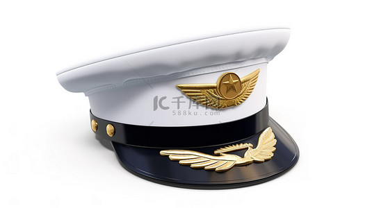 军装背景背景图片_民航和航空运输飞行员带有金色航空徽章的白色背景帽的 3D 渲染