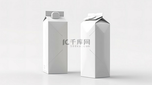 白色背景上孤立的牛奶或果汁纸盒包装盒的正面和侧面视图的 3D 渲染