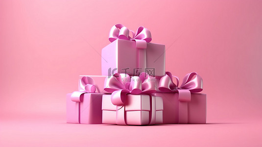 惊喜三重礼盒，粉红色背景上有蝴蝶结 3D 渲染的节日礼物