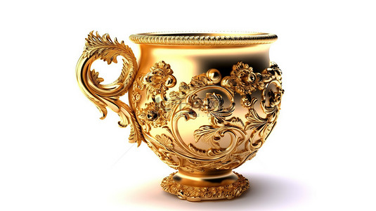 金杯背景图片_白色背景上孤立的复杂金杯的 3d 插图
