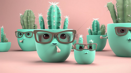 创意卡通眼镜背景图片_柔和的背景，以戴着眼镜的可爱仙人掌的独立 3D 插图为主要元素