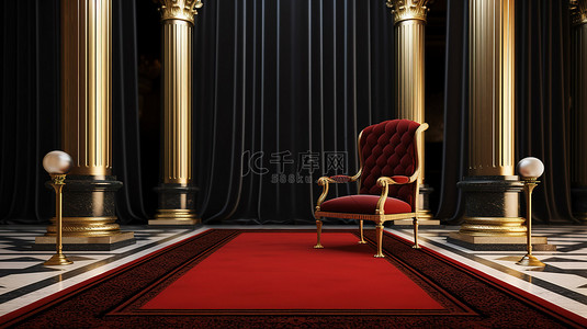 优雅的黑色扶手椅，配有金色柱子和阿拉伯式风格的红地毯 3d 渲染