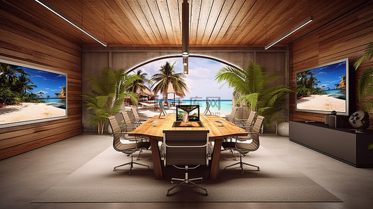 一个受热带海滩启发的 3D 渲染办公室，具有视频电话会议功能