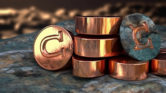 石柱上带有货币和“cu”铭文的铜锭 3D 渲染有价值的材料