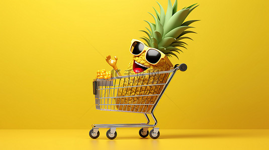 3D 渲染一个欢快时尚的菠萝卡通人物，在充满活力的黄色背景上放着购物车，完美地作为吉祥物