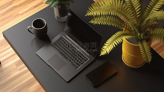 顶视图 3D 渲染笔记本电脑植物将其光滑的黑色表面贴在桌子上