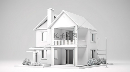 极简主义卡通风格 3d 渲染白色两层楼的房子在孤立的背景