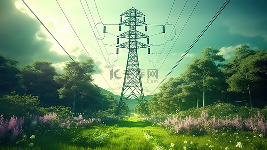 绿色能源输电塔和输电线的 3D 概念渲染