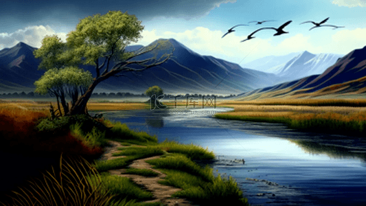 高原风景背景图片_蓝色河流自然风景