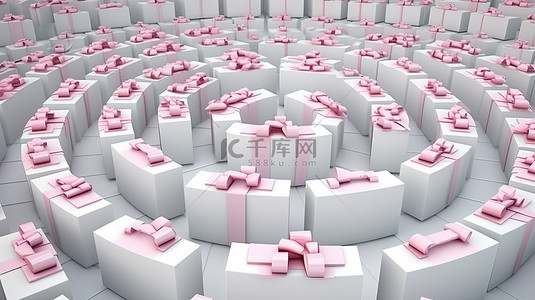 鸟瞰白色礼品盒的圆形排列，在 3D 渲染背景下装饰着粉红色丝带