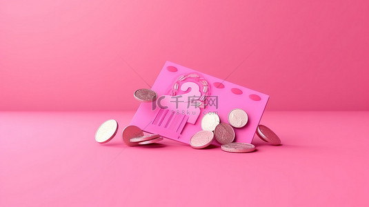 3d 渲染粉红色优惠券与硬币口音