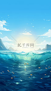 海底背景图片_蓝天白云太阳海平面卡通插画背景