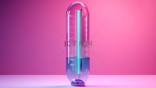 温度温暖背景图片_具有双色调风格的蓝色背景呈现粉红色抽象设计的 3D 天气玻璃温度计