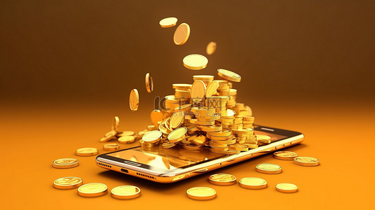 现金背景图片_3D 渲染智能手机说明现金返还服务和金币数字支付